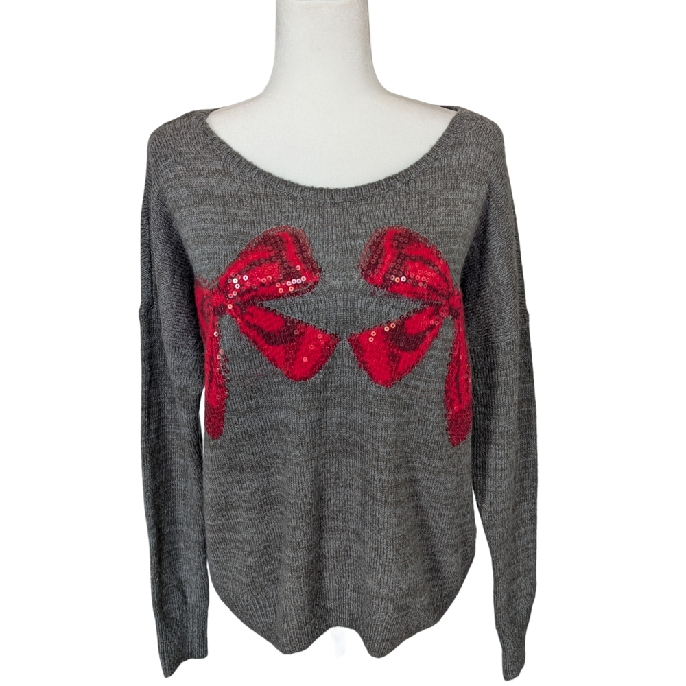 Abercrombie & Fitch Charcoal Gray Red Sequin Bows Drop Shoulder Sweater XS/S